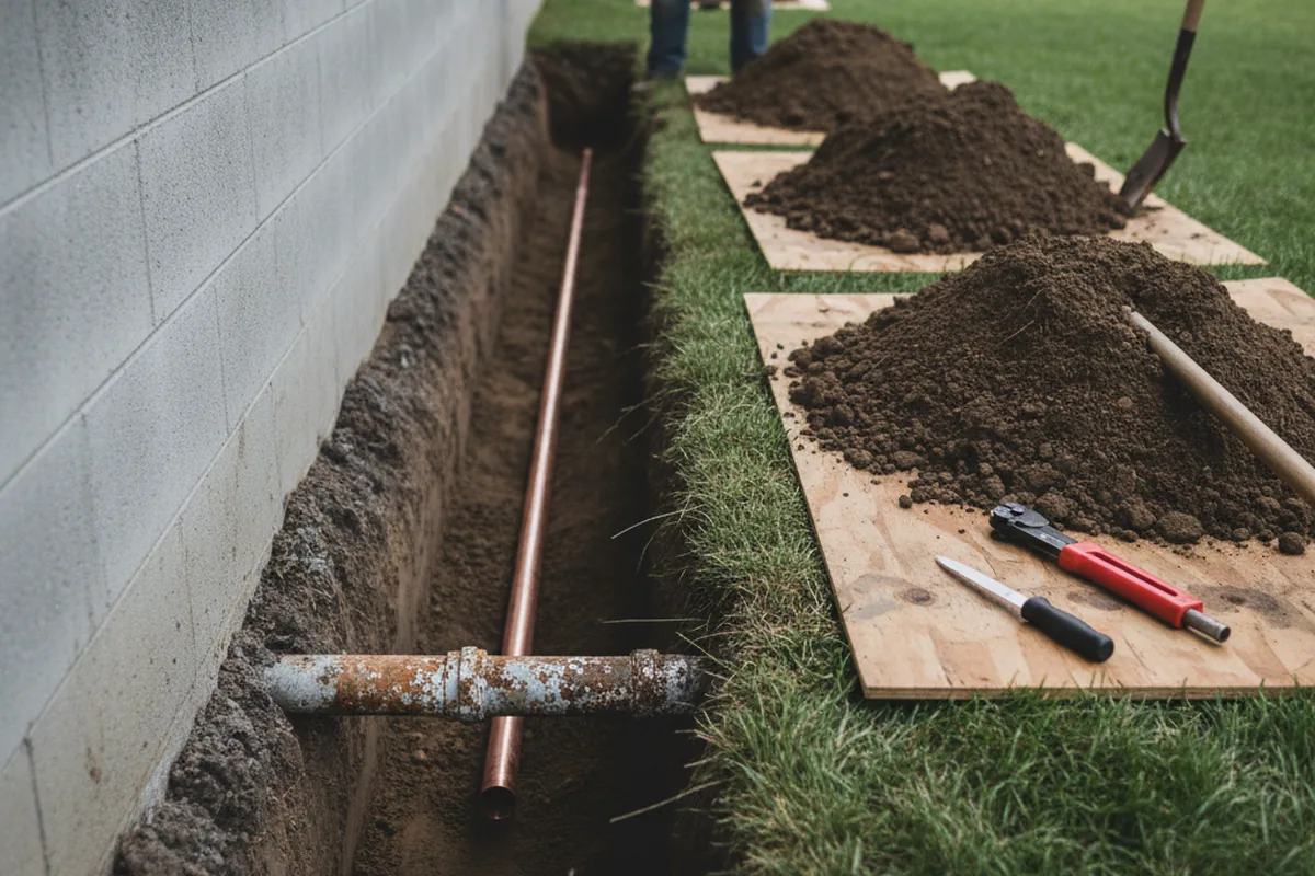 Excavated water line trench during Water Heater Repair in Wall